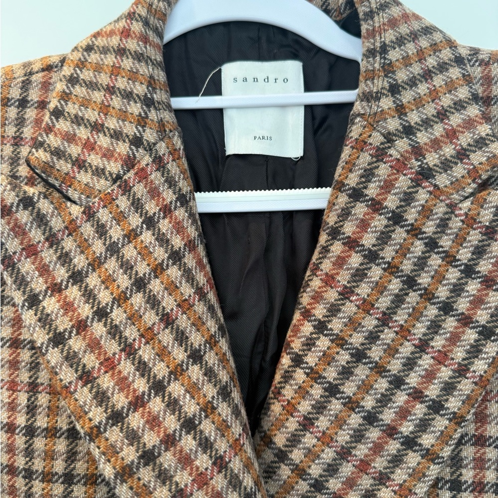 SANDRO Double-Breasted Long Plaid Coat in Brown - Picture 2 of 8